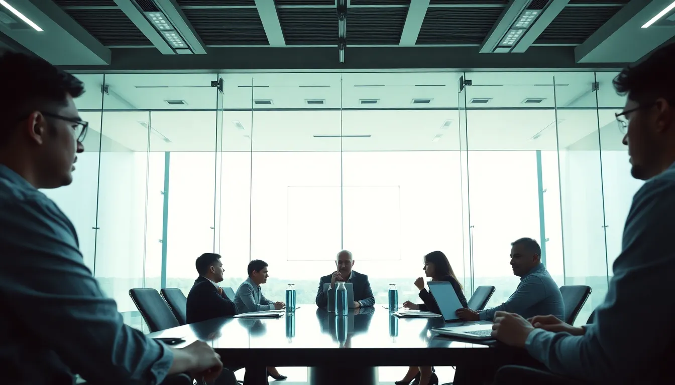 SummitCFO team discussing strategy in a modern glass office board room